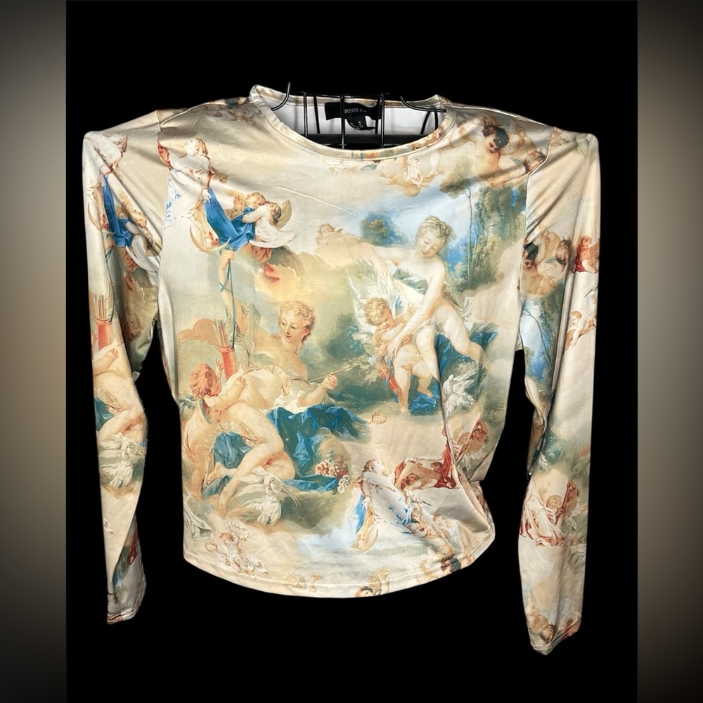 Forever 21 Cherub Angel Print Top Size 1X Stretch Silky Long Sleeve Y2K Art